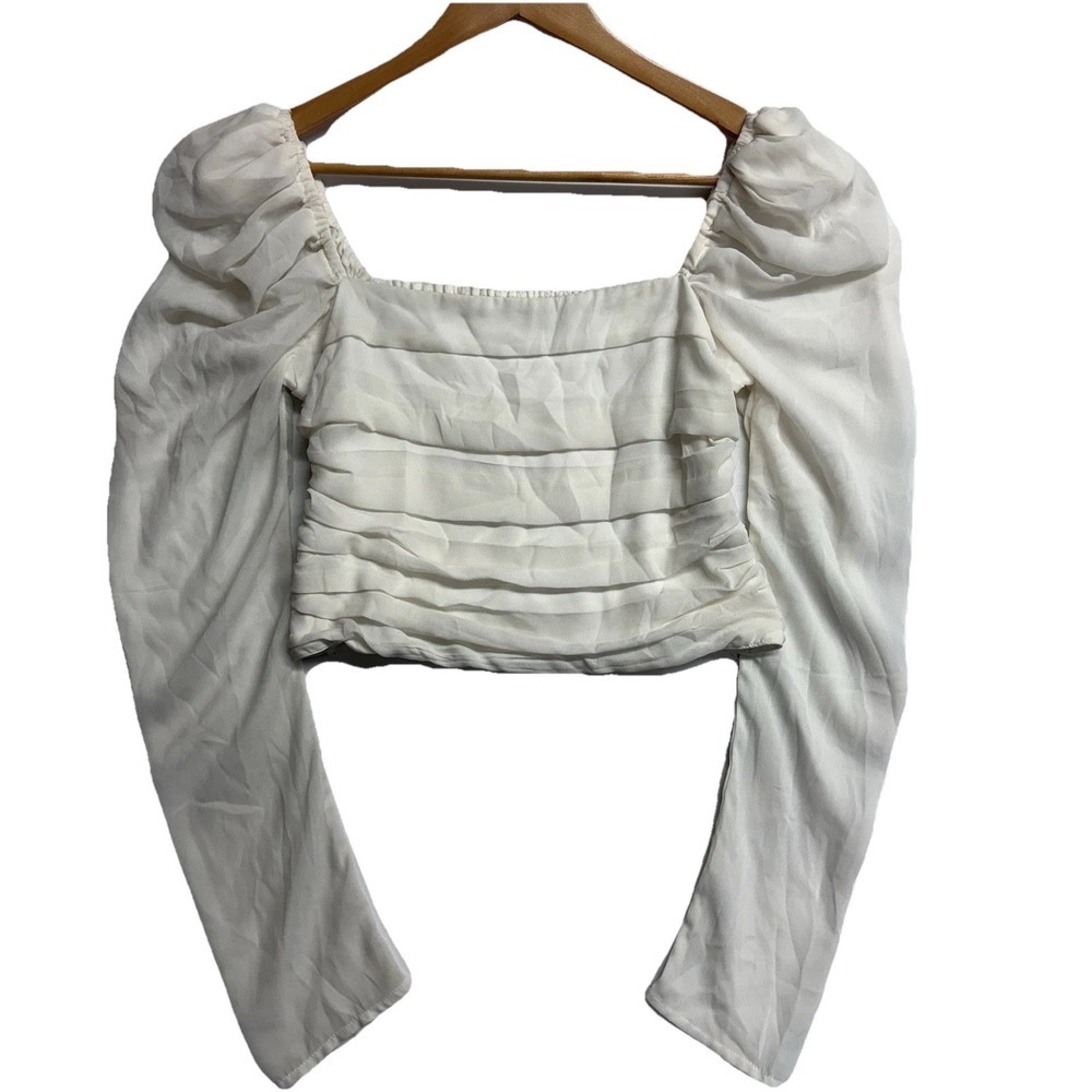 Abercrombie & Fitch Small Cream Ruched Crop Top Puff Sheer Sleeves‎ Smocked Bac